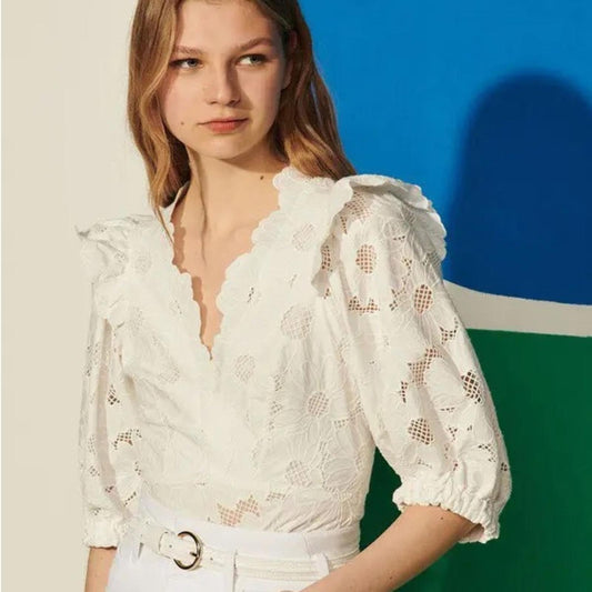 Sandro White Puff Sleeve Wrap Blouse