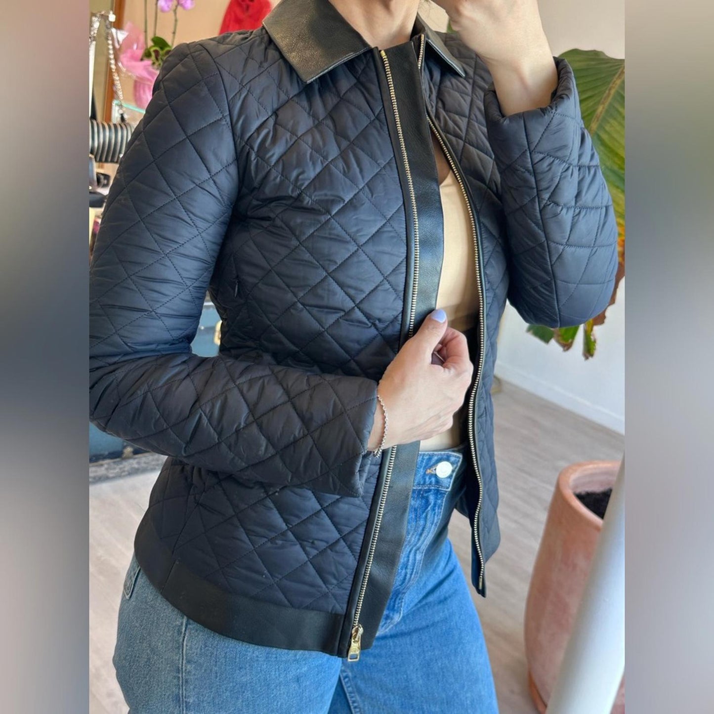 Salvatore Ferragamo navy and black leather Puffer Jacket with Quilted Design