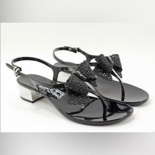 Salvatore Ferragamo Black Glitter Bow Sandals