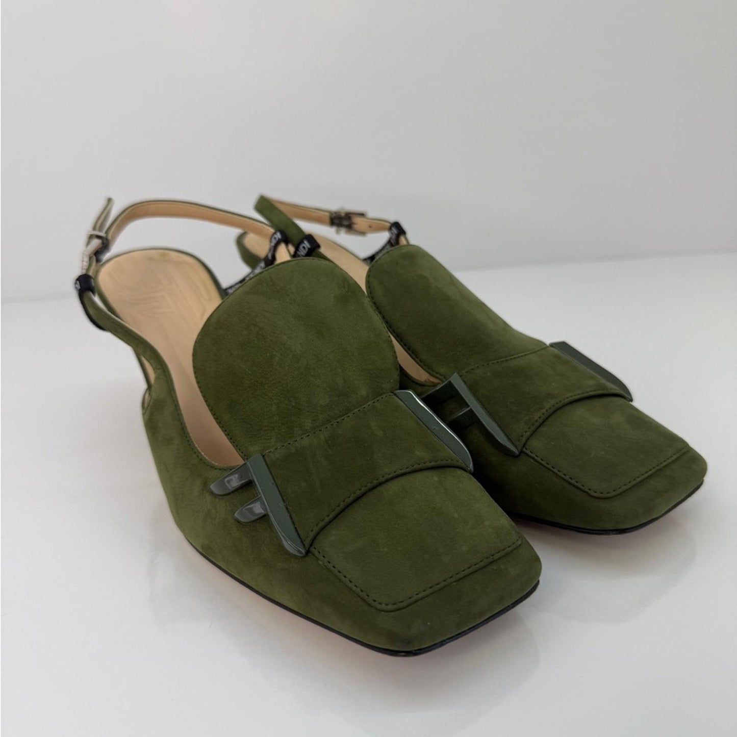 Fendi Green Slingback Heels with Square Toe