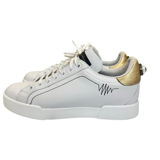 Dolce & Gabbana White and Gold Sneakers with Leather Upper and Thick Rubber Sole