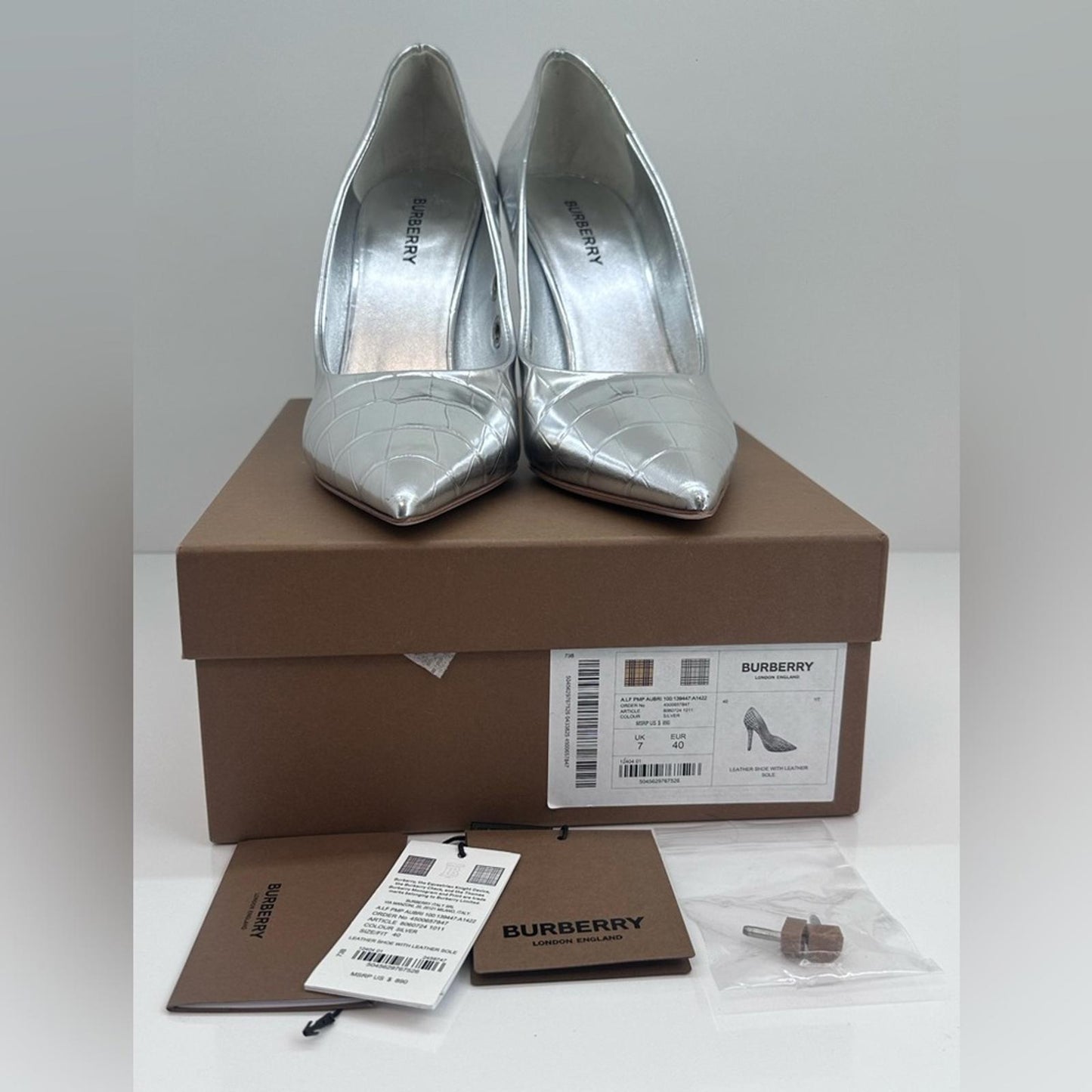 Burberry Silver High Heel Heels with Woven Design