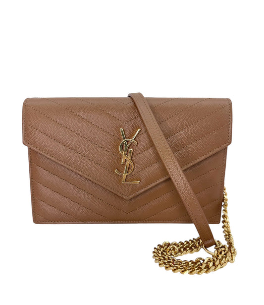 Yves Saint Laurent Tan Leather Crossbody with Gold Chain
