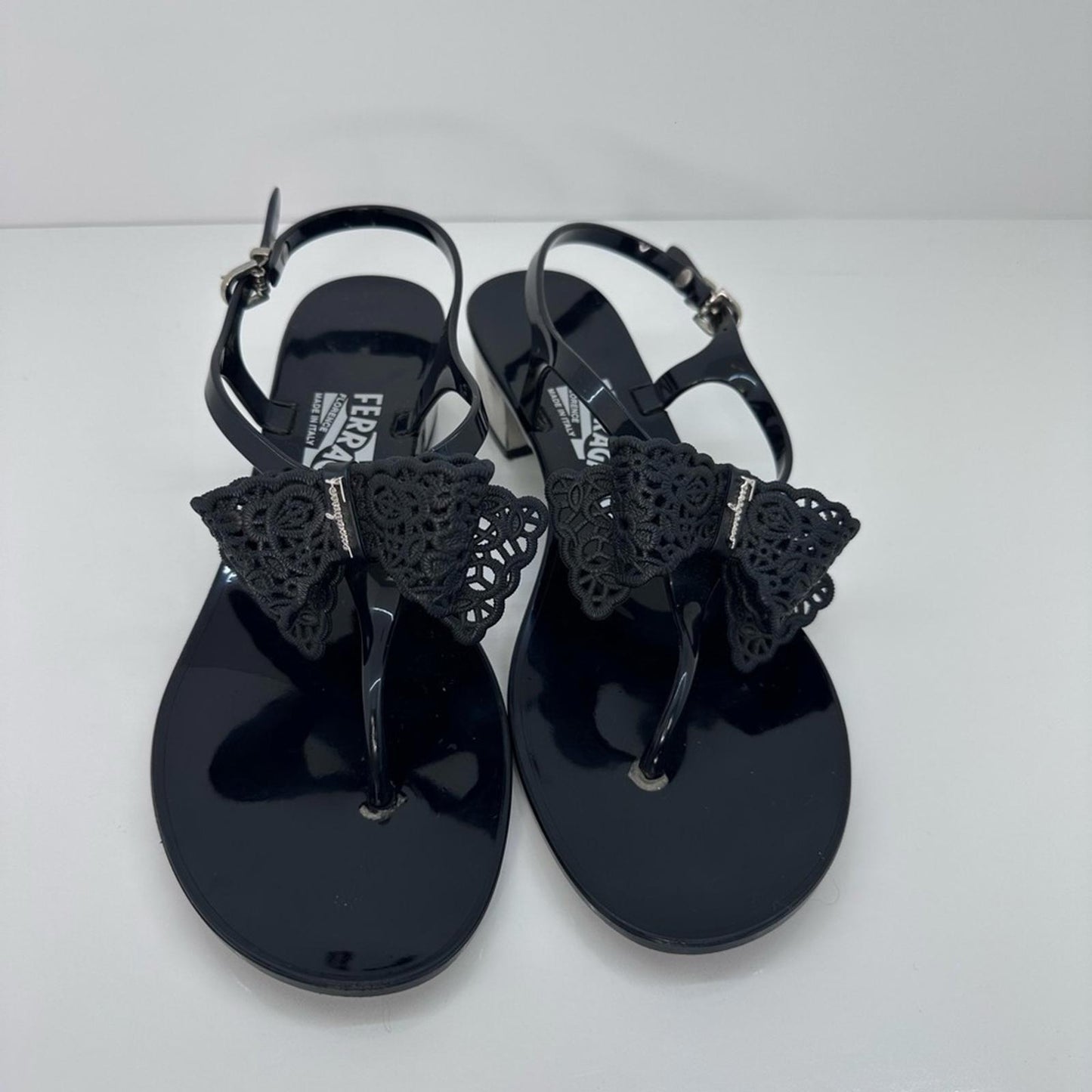 Salvatore Ferragamo Black Glitter Bow Sandals