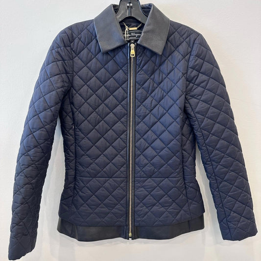 Salvatore Ferragamo navy and black leather Puffer Jacket with Quilted Design