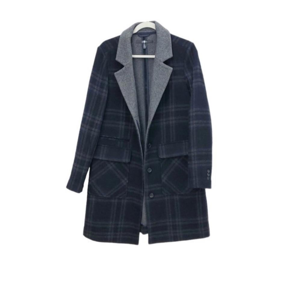 7 For All Mankind Wool Navy Longline Plaid Single Breasted Boyfriend Car Coat
