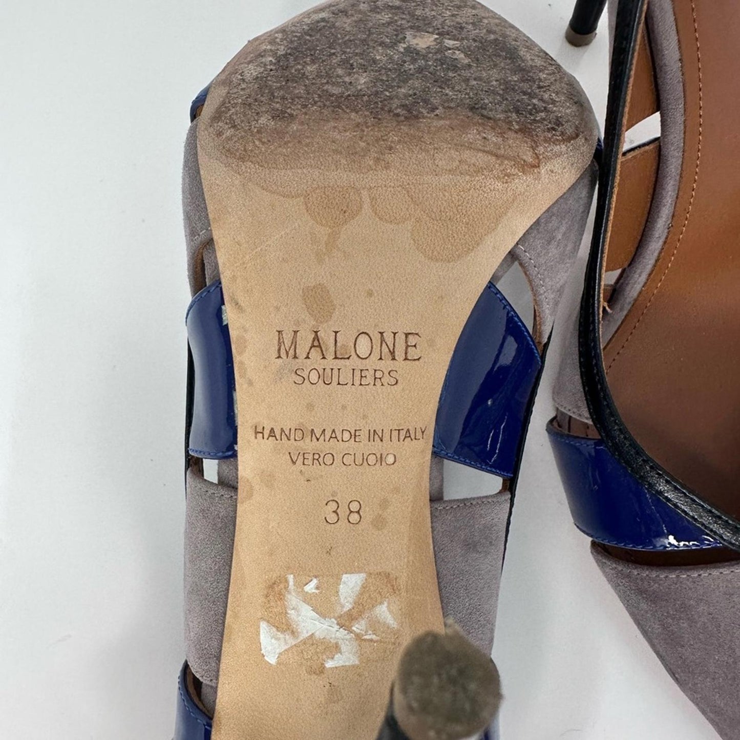 Malone Souliers Blue and Gray Heels with Patent Leather Accents