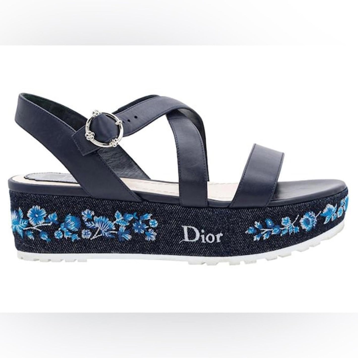 Dior Prairie Embroidered Denim Platform Sandals Blue