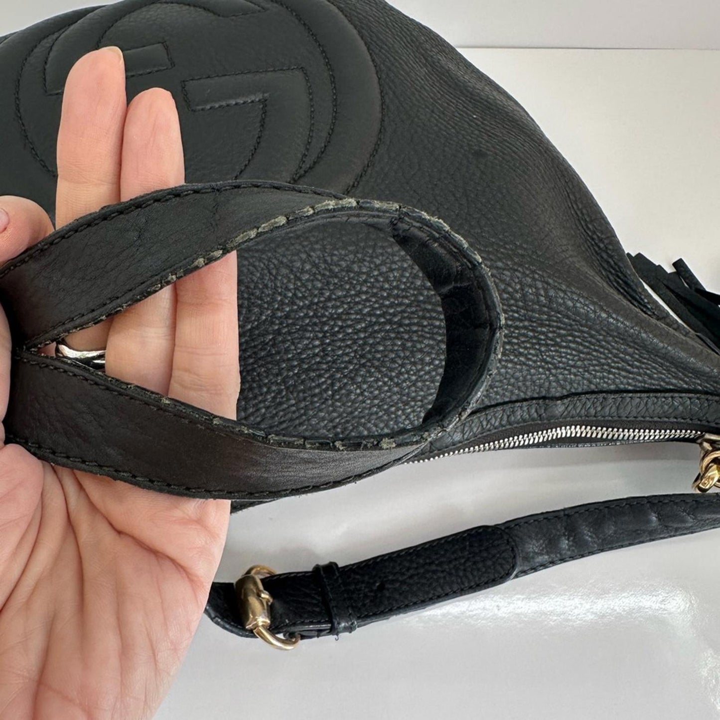 Gucci Black Leather Shoulder Bag with Tassel Accent