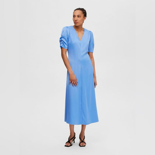 SELECTED Blue A-Line Midi Dress with V-Neck and Short Sleeves