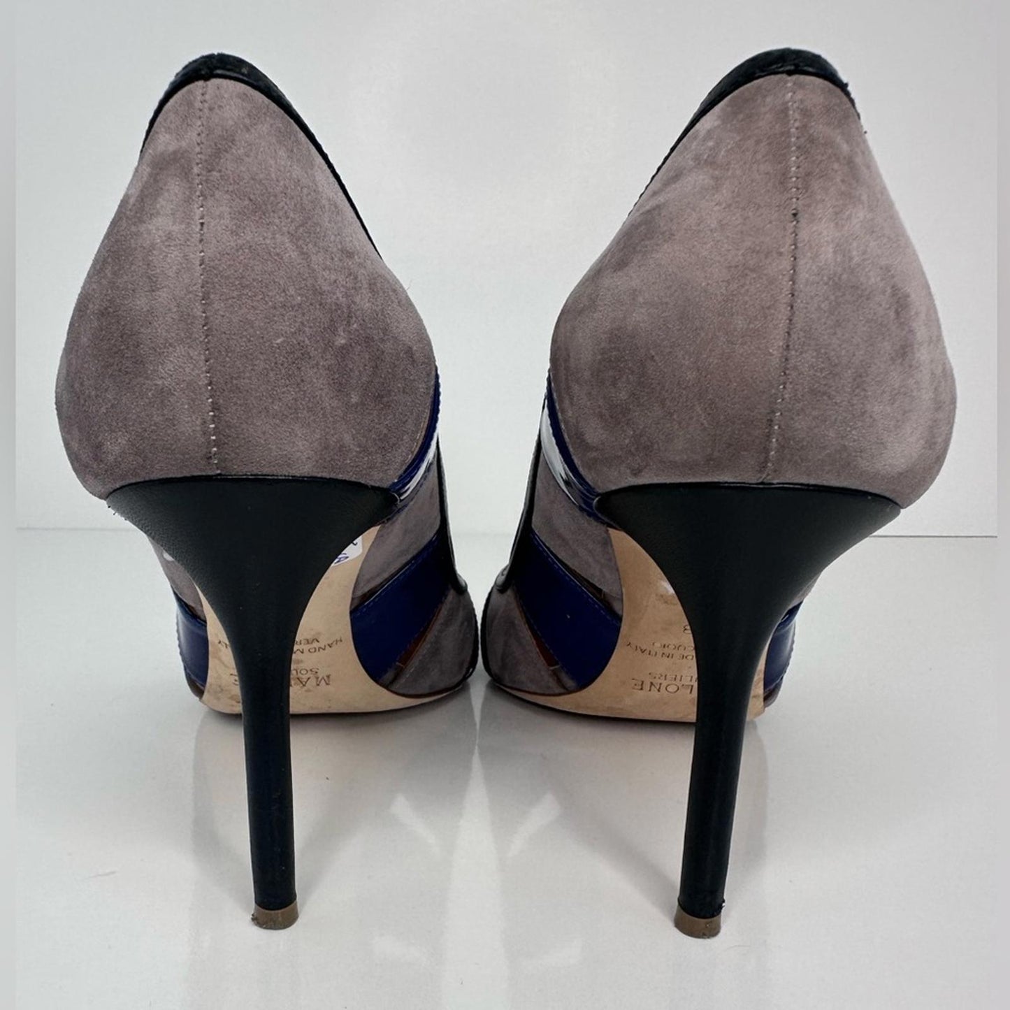 Malone Souliers Blue and Gray Heels with Patent Leather Accents