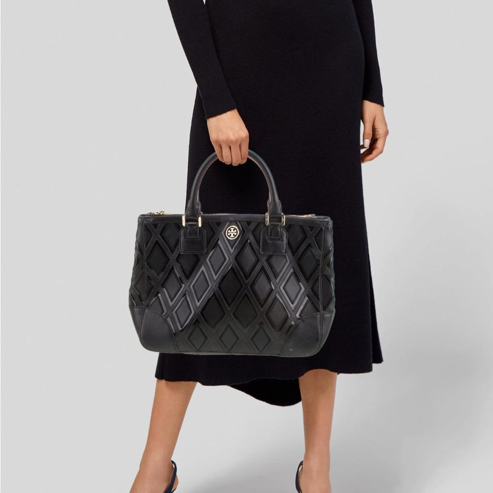 Tory Burch Black Satchel with Quilted Design and Gold Hardware Bag