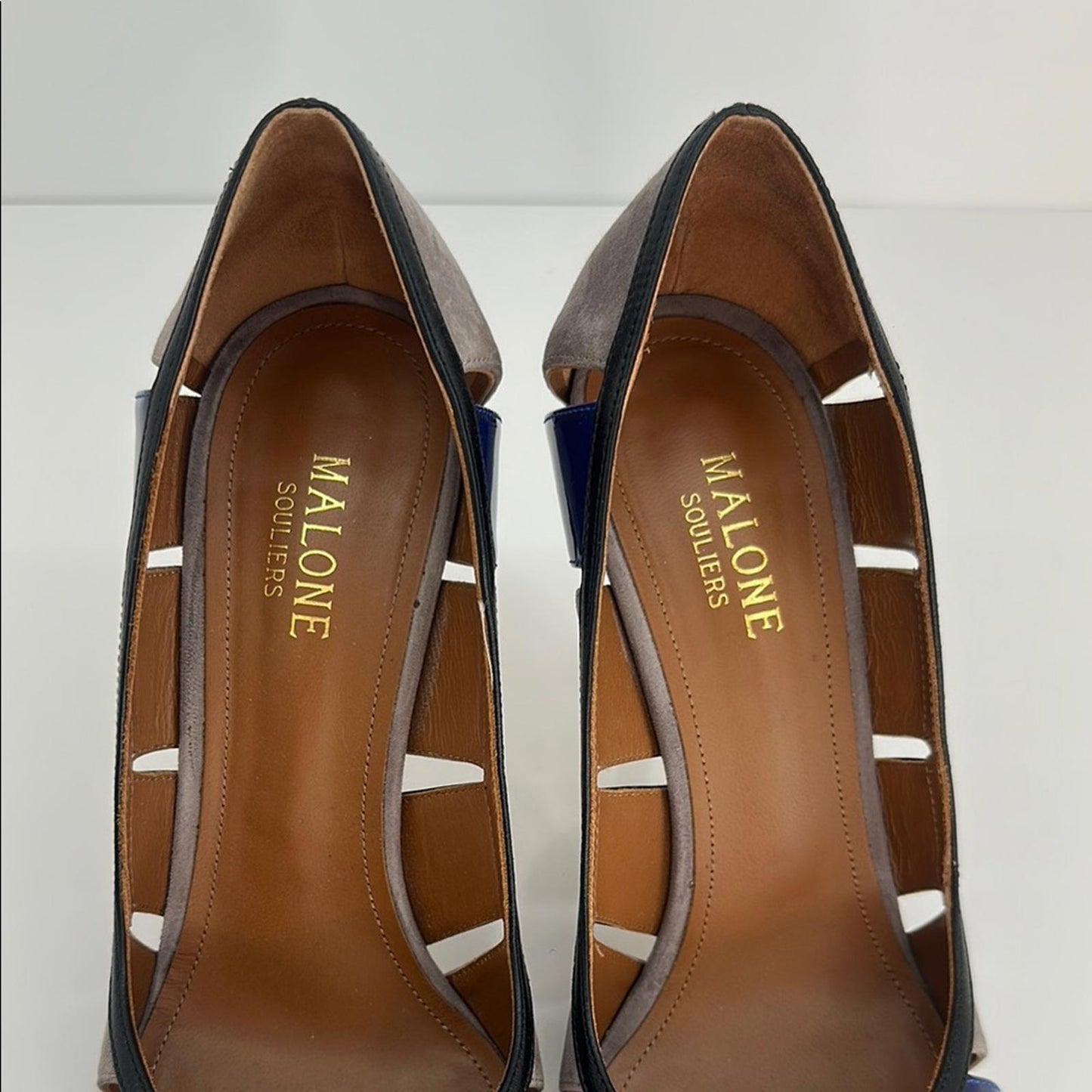 Malone Souliers Blue and Gray Heels with Patent Leather Accents