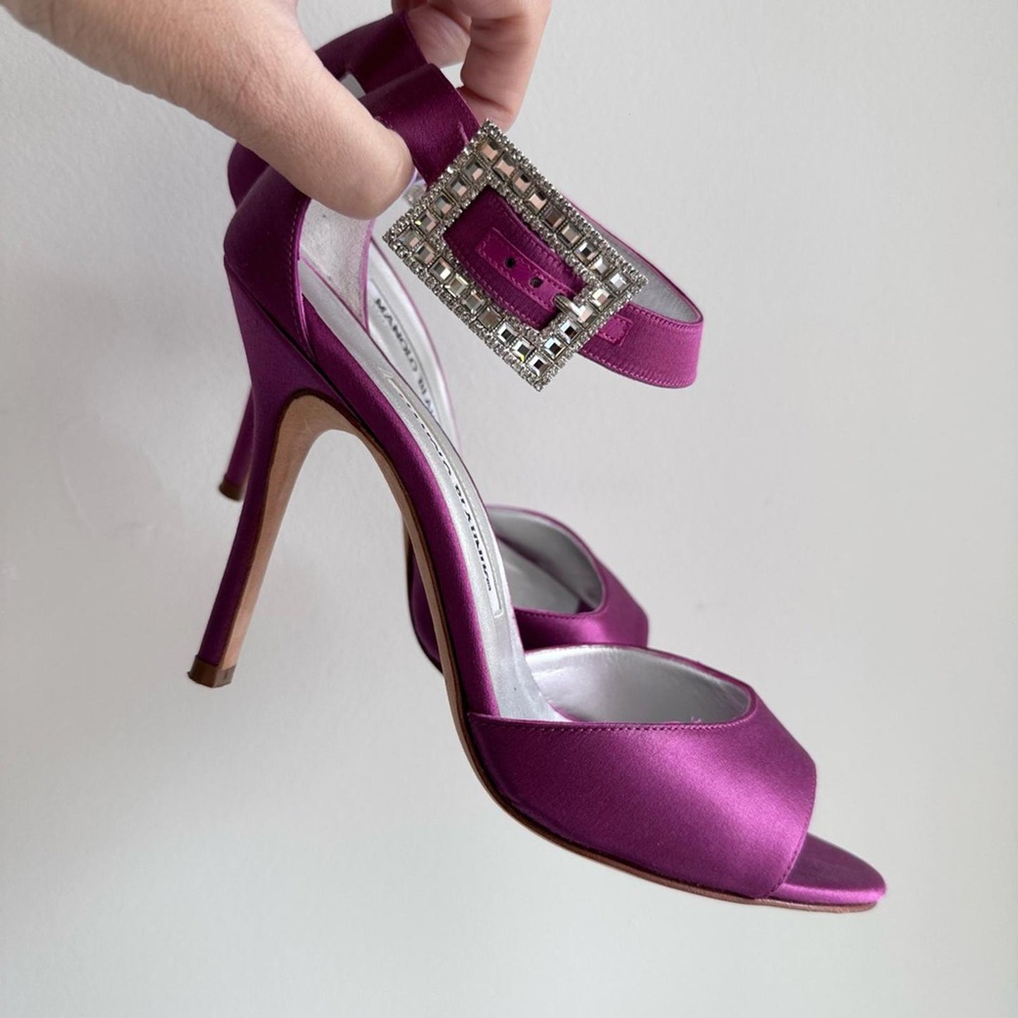 Manolo Blahnik Purple Satin Heels with Crystal Accent