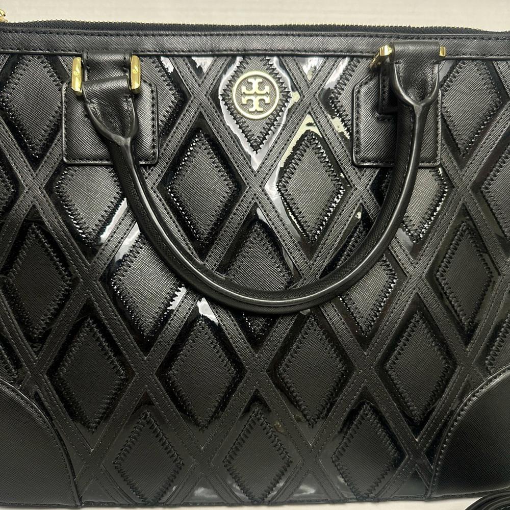 Tory Burch Black Satchel with Quilted Design and Gold Hardware Bag