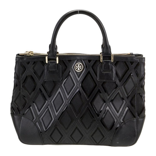 Tory Burch Black Satchel with Quilted Design and Gold Hardware Bag