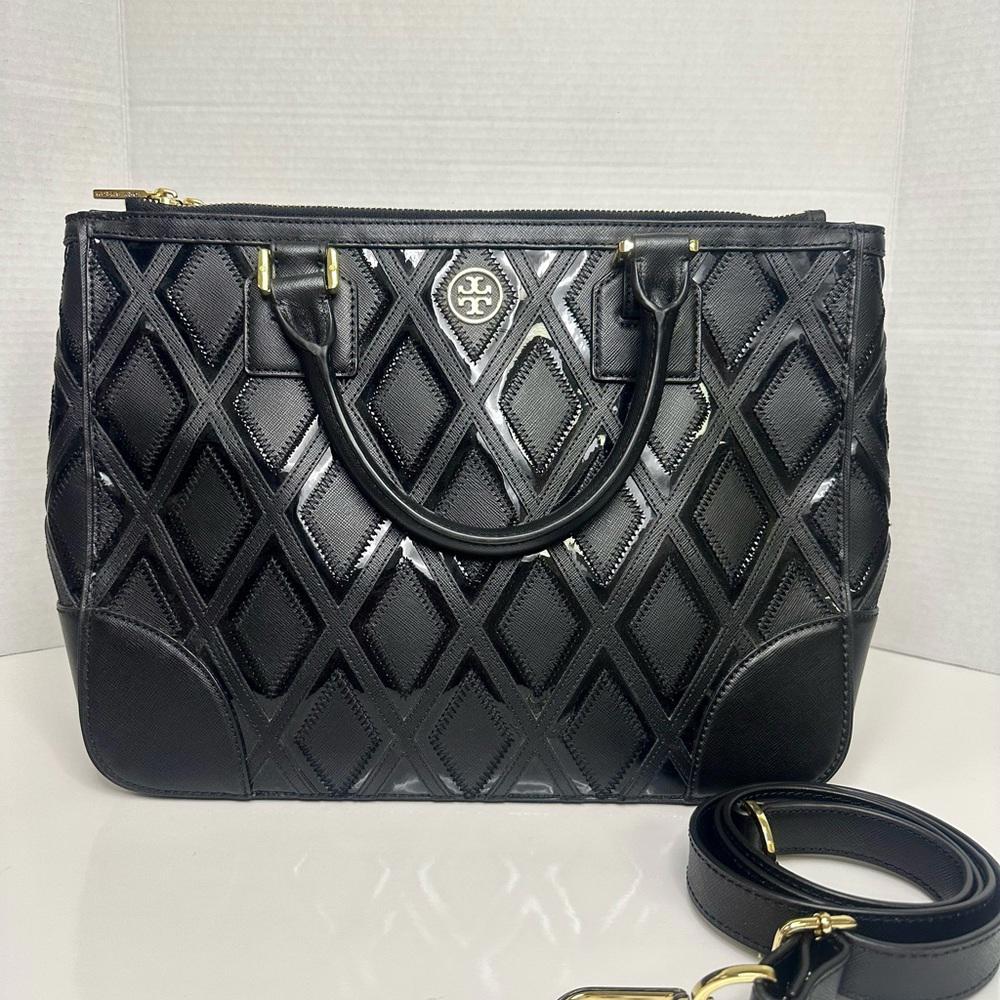 Tory Burch Black Satchel with Quilted Design and Gold Hardware Bag