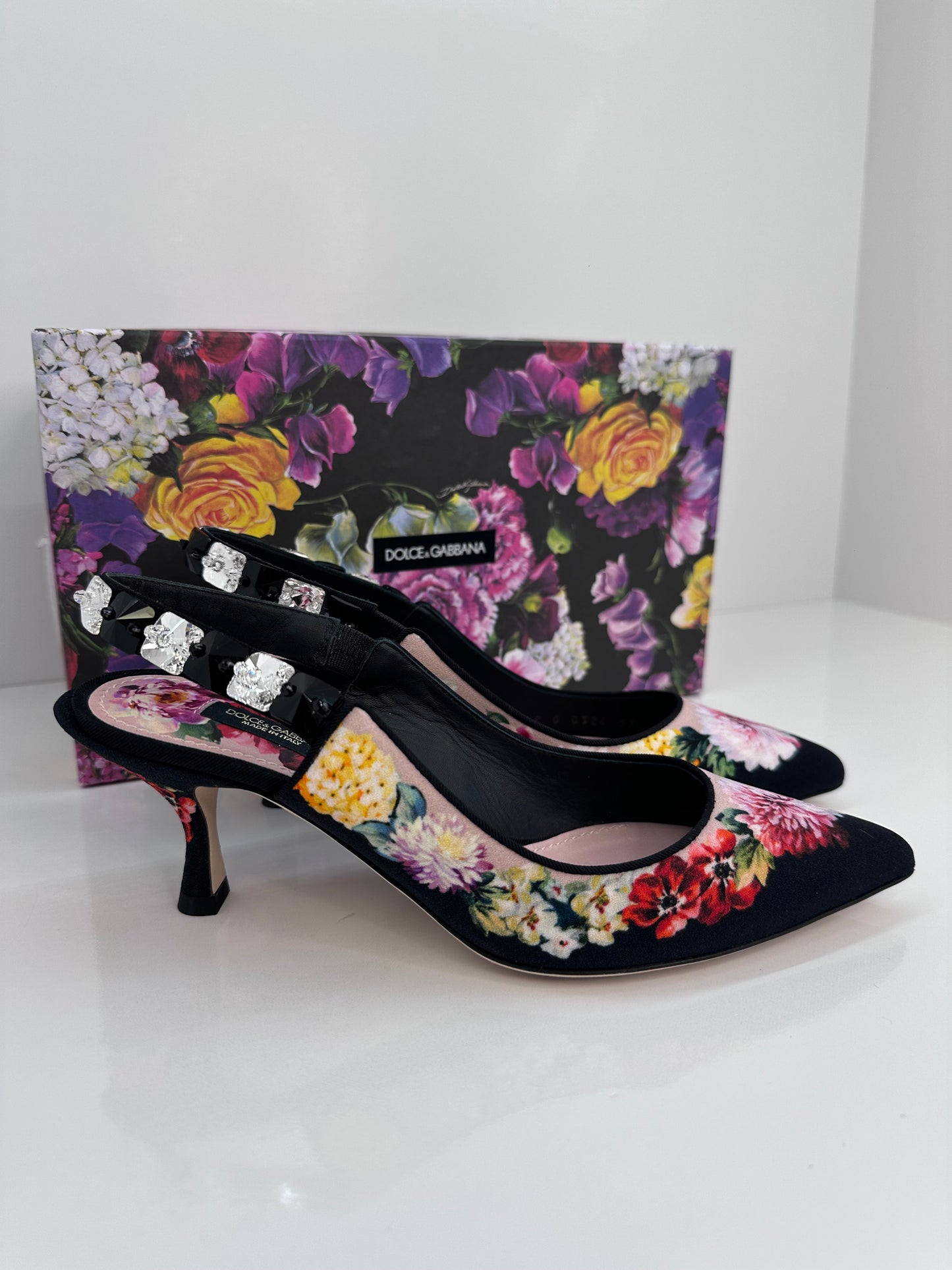 Dolce & Gabbana
Dolce & Gabbana Multicolor Fabric Floral Print Crystal Embellished Slingback Pumps