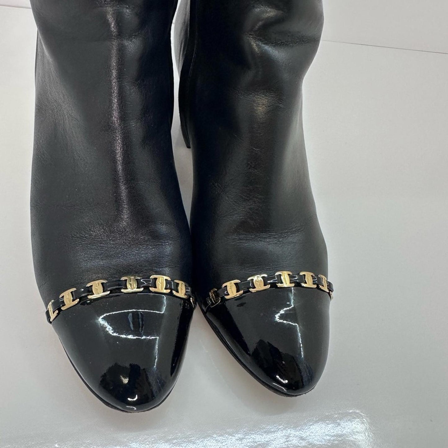Salvatore Frragamo Vera chain patent toe boots