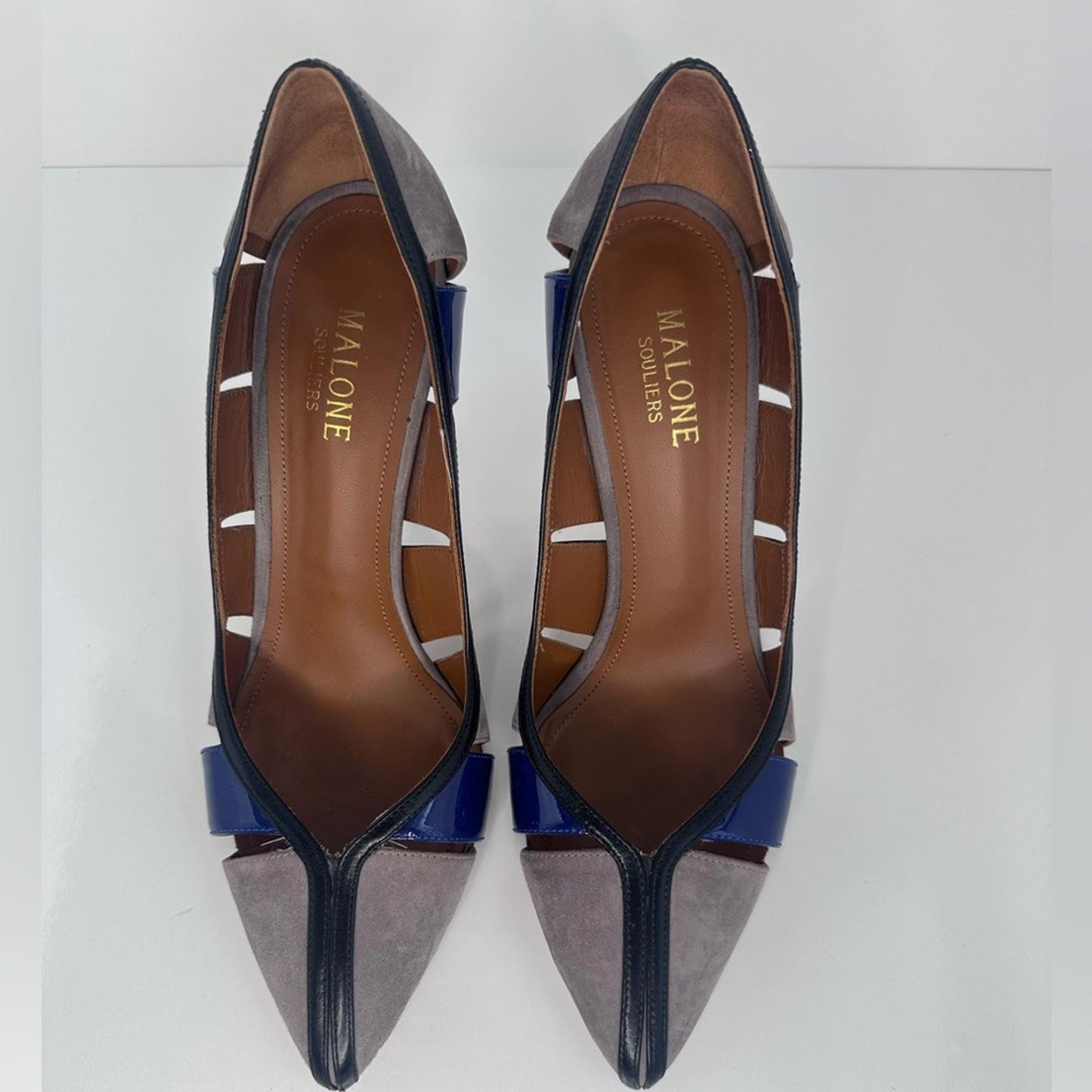 Malone Souliers Blue and Gray Heels with Patent Leather Accents