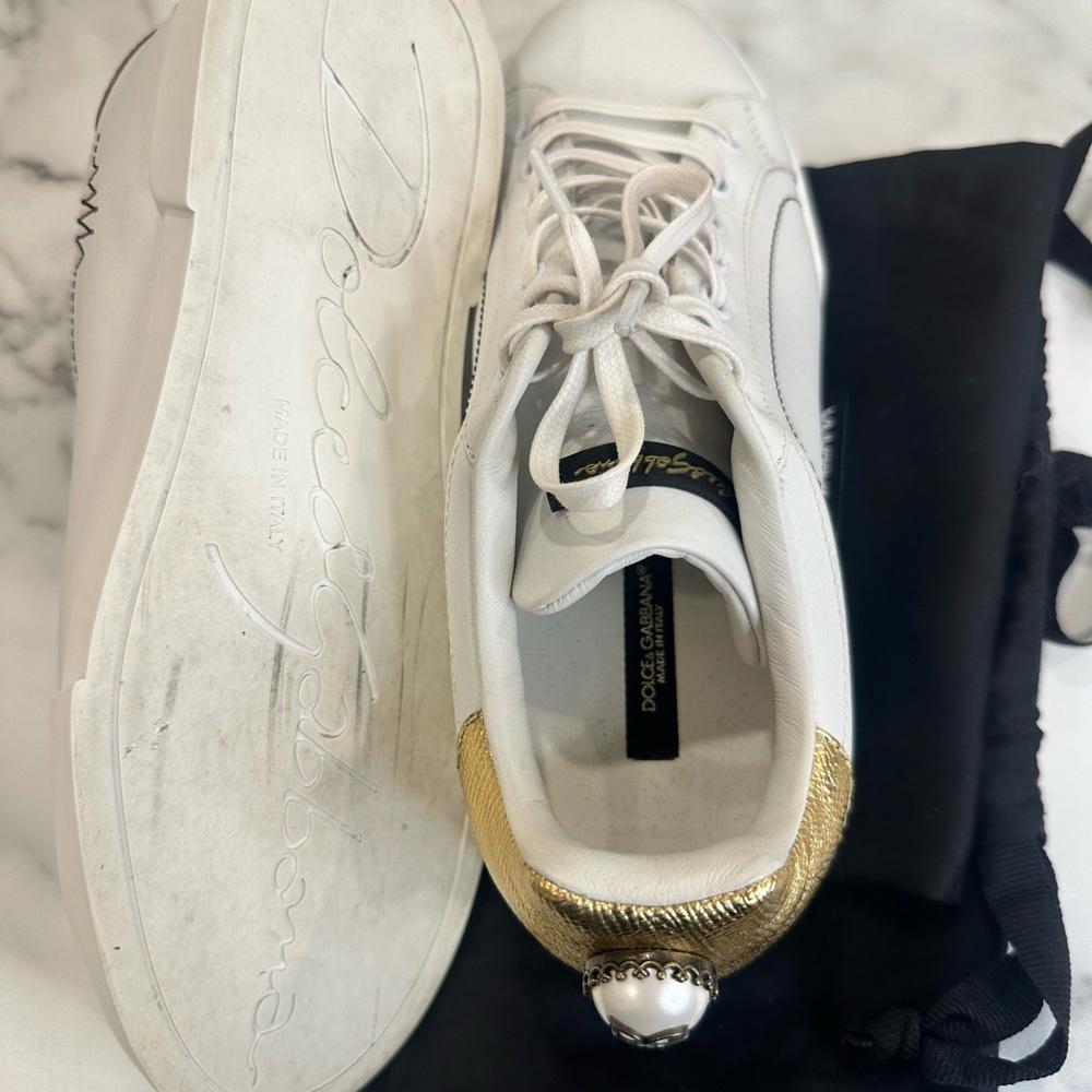 Dolce & Gabbana White and Gold Sneakers with Leather Upper and Thick Rubber Sole