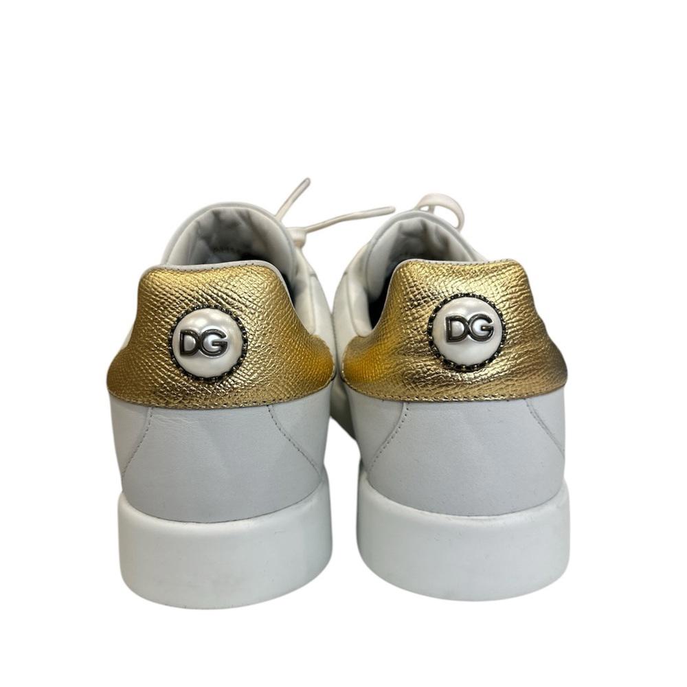 Dolce & Gabbana White and Gold Sneakers with Leather Upper and Thick Rubber Sole