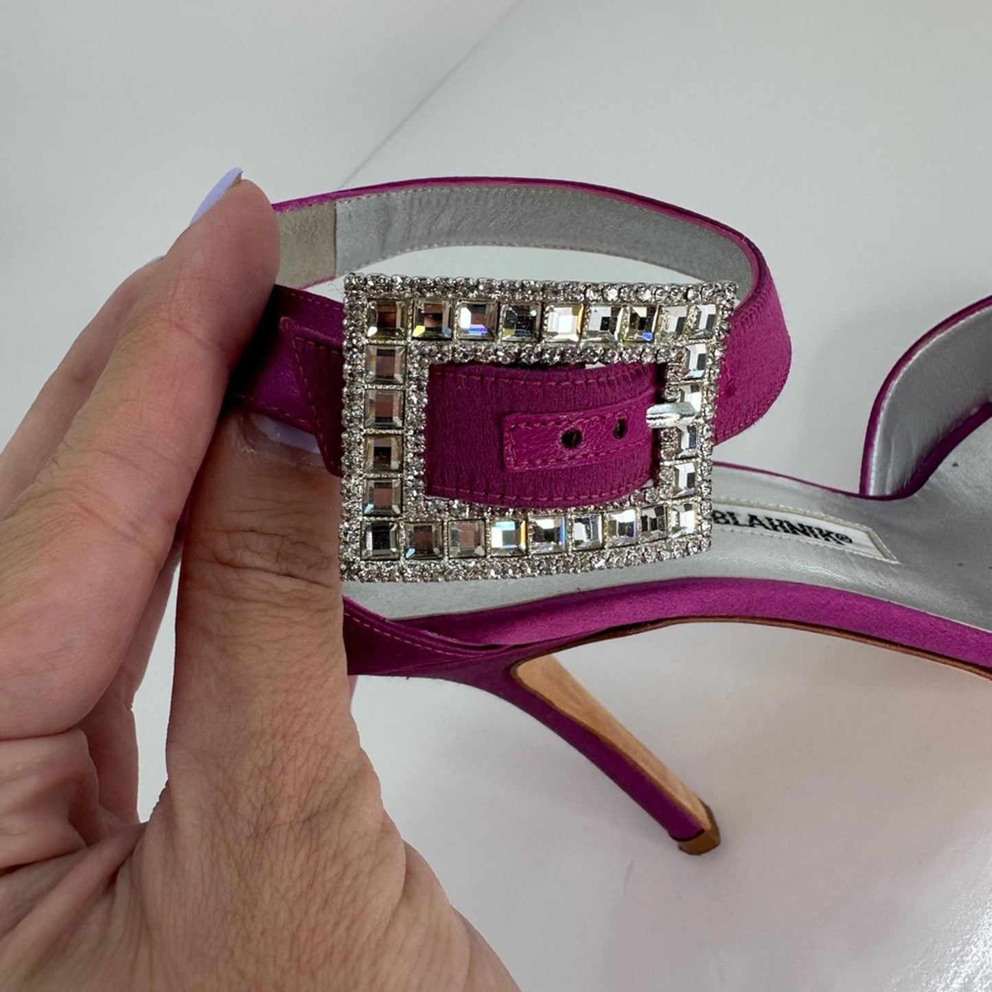 Manolo Blahnik Purple Satin Heels with Crystal Accent