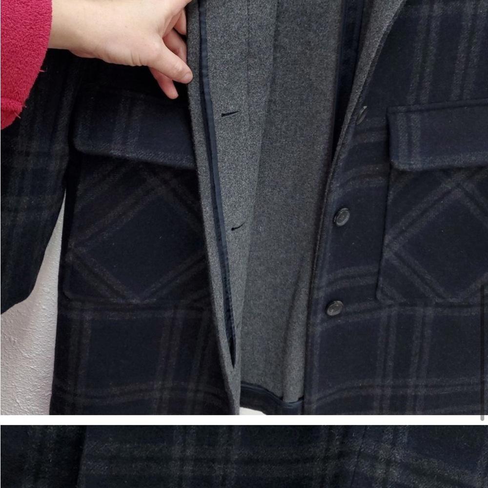 7 For All Mankind Wool Navy Longline Plaid Single Breasted Boyfriend Car Coat