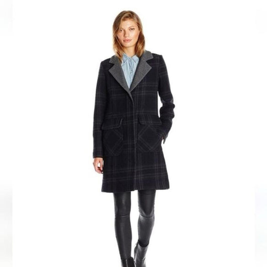 7 For All Mankind Wool Navy Longline Plaid Single Breasted Boyfriend Car Coat