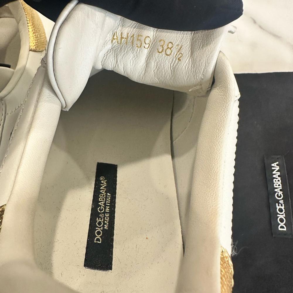 Dolce & Gabbana White and Gold Sneakers with Leather Upper and Thick Rubber Sole