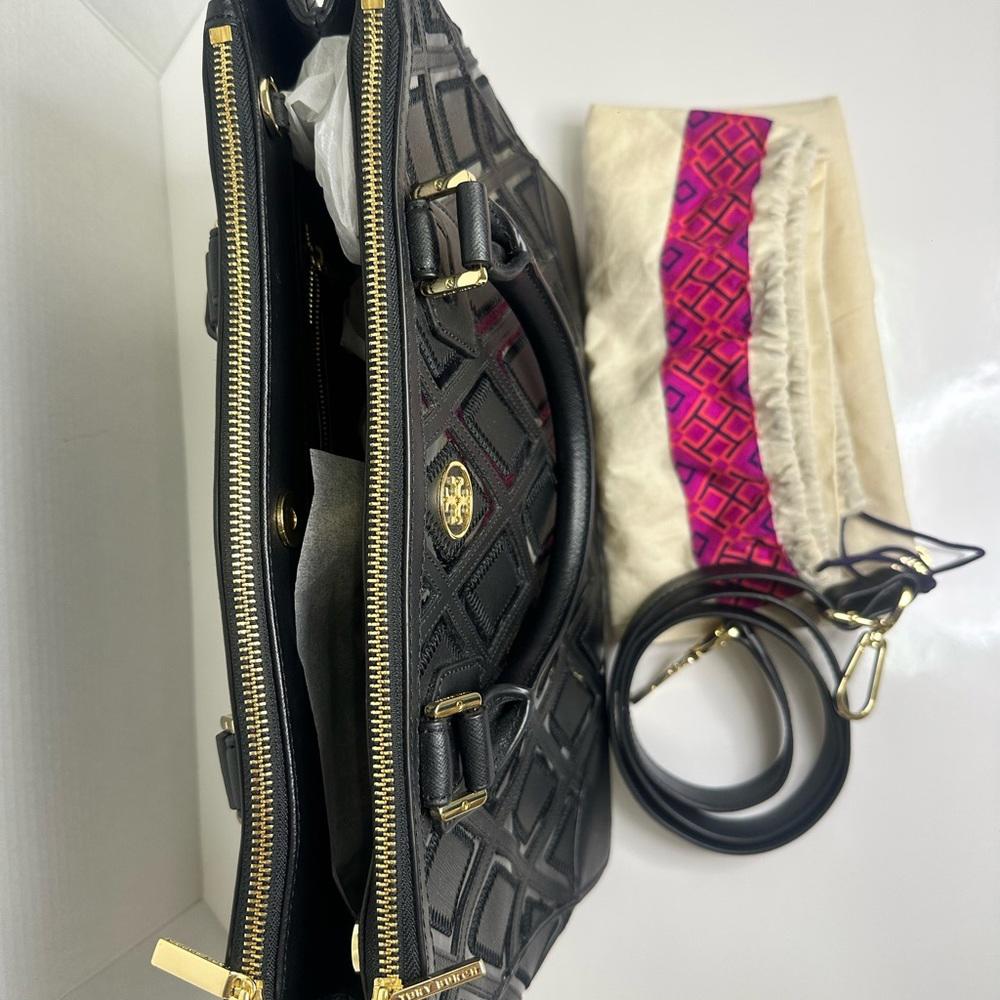 Tory Burch Black Satchel with Quilted Design and Gold Hardware Bag