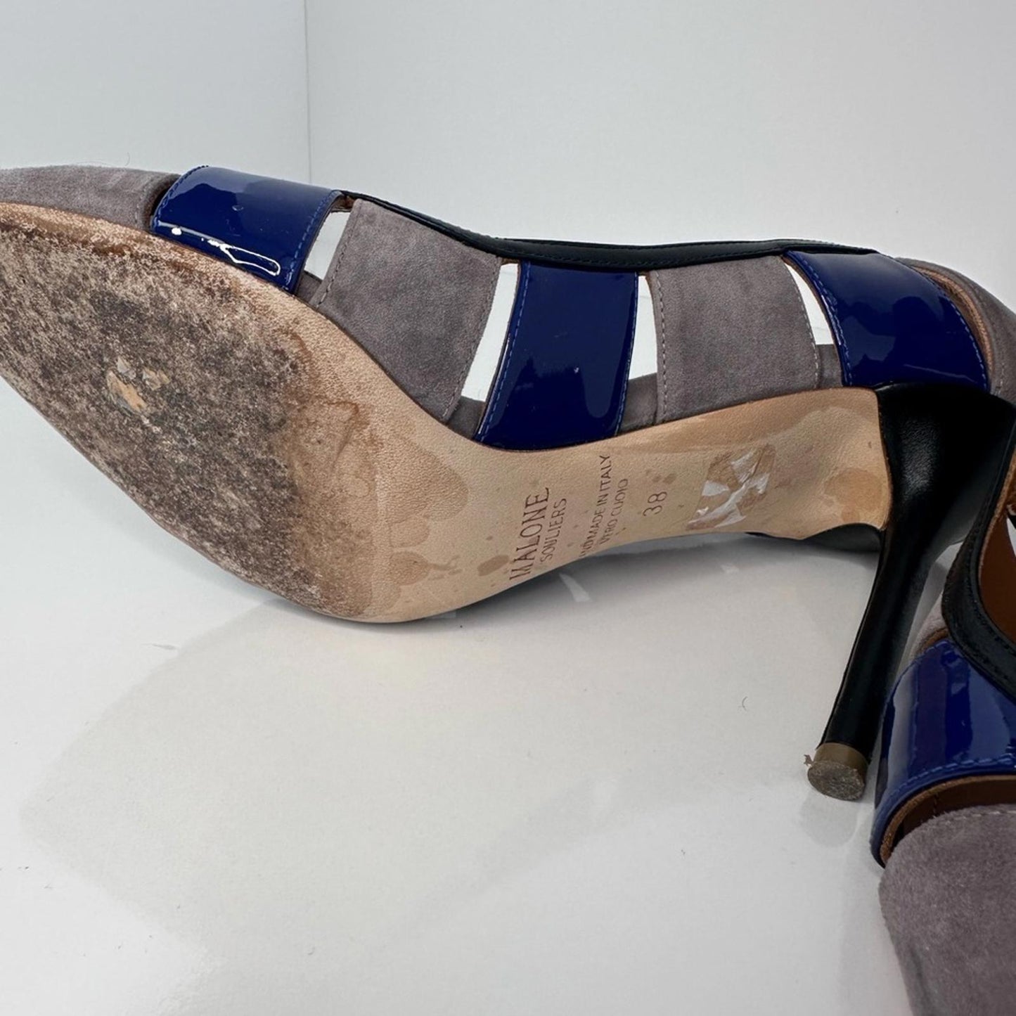 Malone Souliers Blue and Gray Heels with Patent Leather Accents