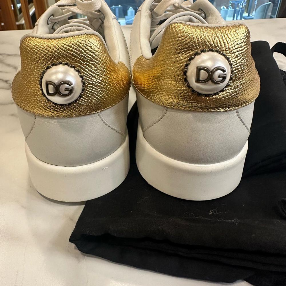 Dolce & Gabbana White and Gold Sneakers with Leather Upper and Thick Rubber Sole