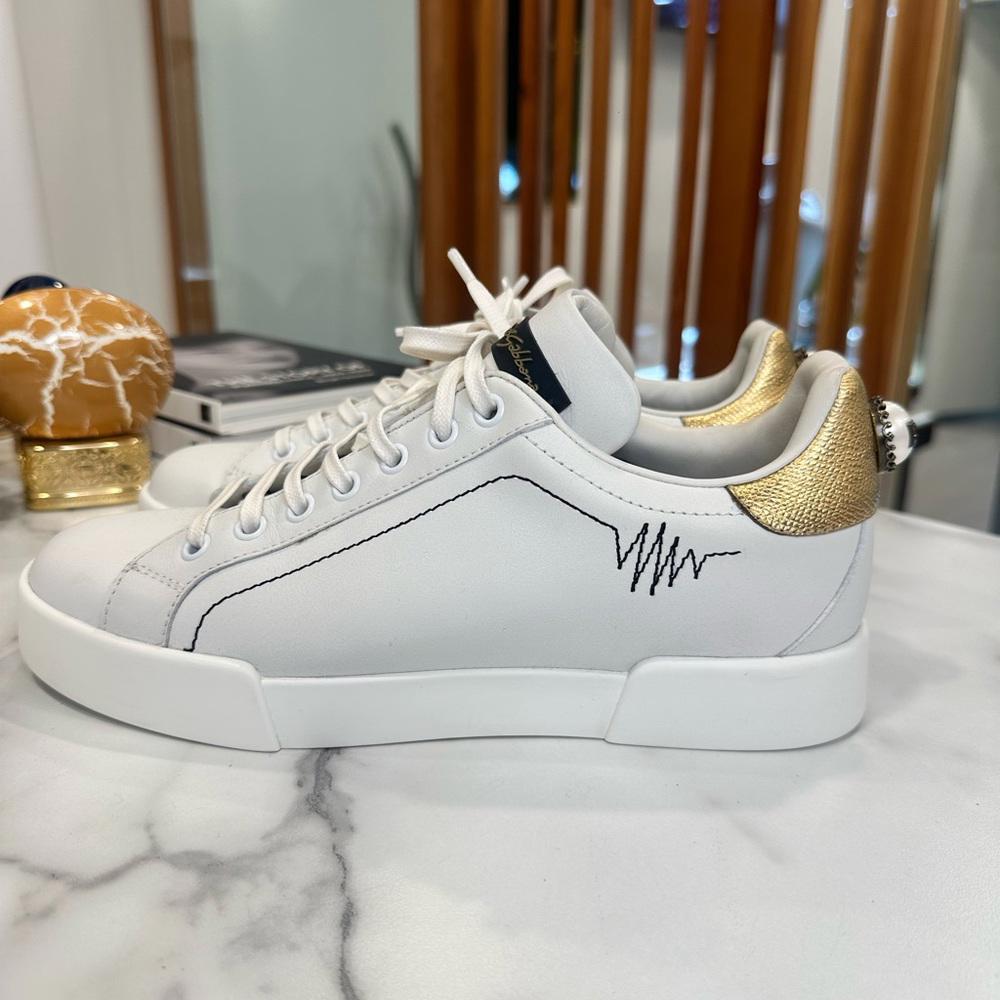 Dolce & Gabbana White and Gold Sneakers with Leather Upper and Thick Rubber Sole