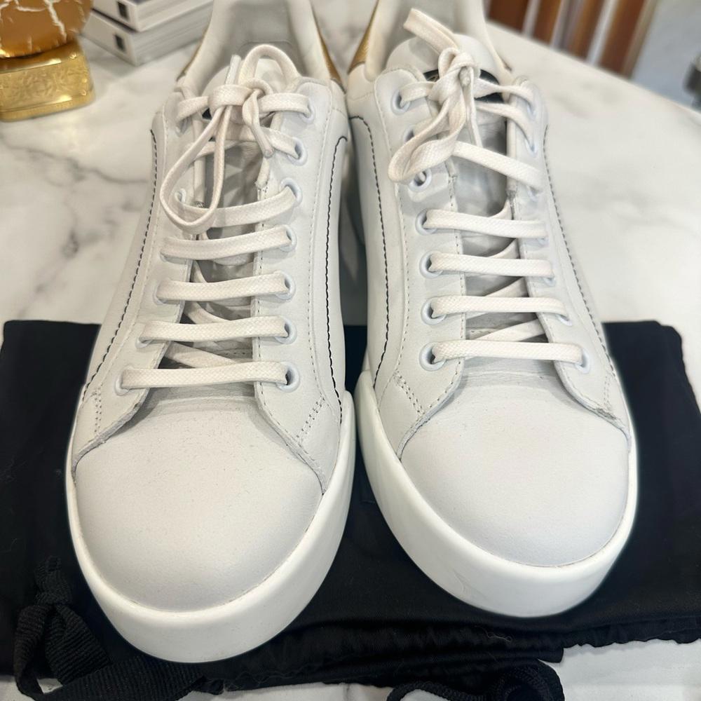 Dolce & Gabbana White and Gold Sneakers with Leather Upper and Thick Rubber Sole