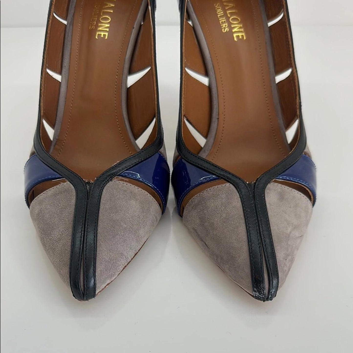 Malone Souliers Blue and Gray Heels with Patent Leather Accents