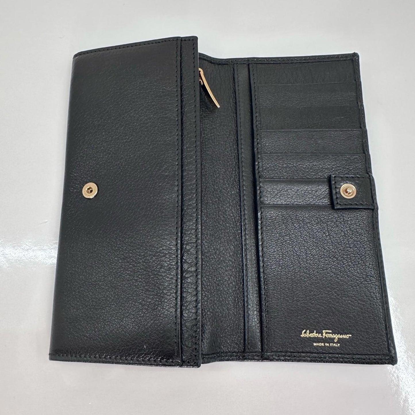 Salvatore Ferragamo Black Leather Wallet with Gold Hardware