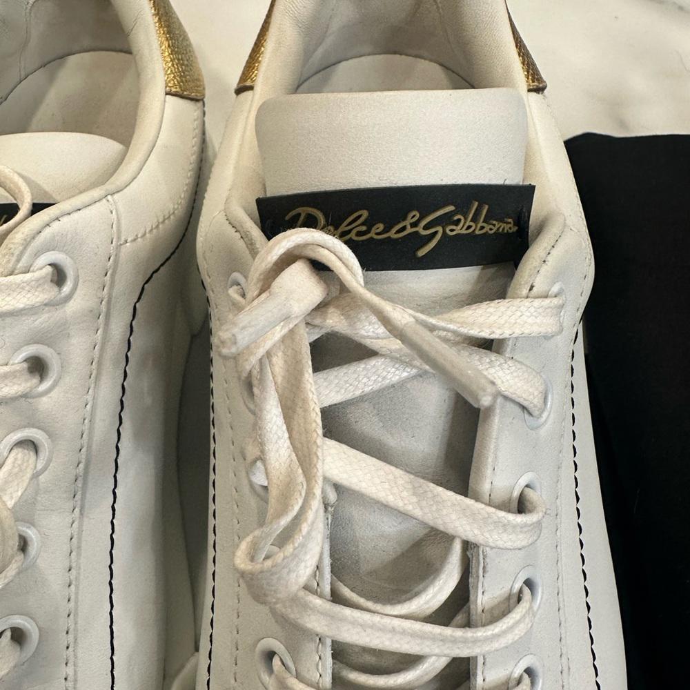 Dolce & Gabbana White and Gold Sneakers with Leather Upper and Thick Rubber Sole